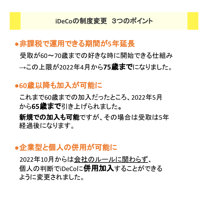 iDeCoの制度変更　３つのポイント